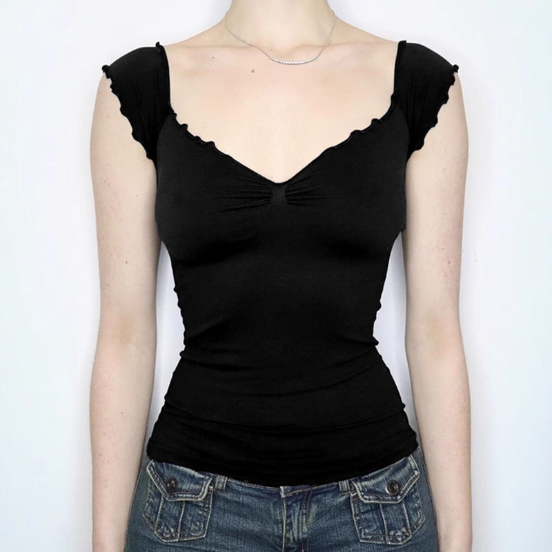 V-neck short sleeved T-shirt women's slim fit and versatile top