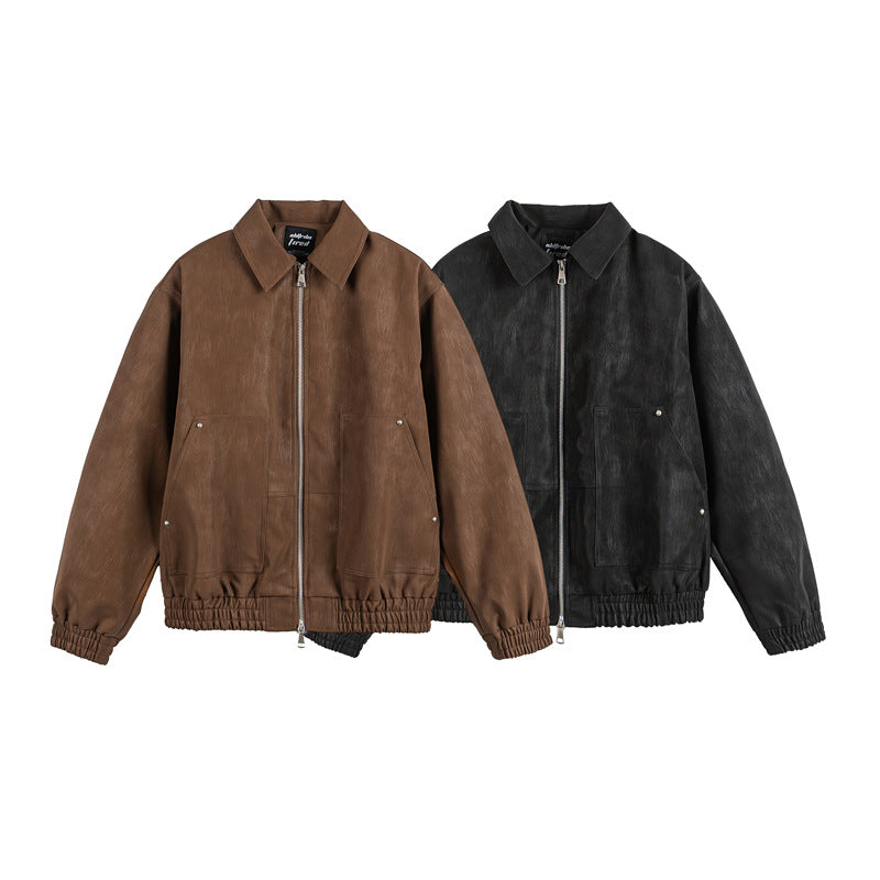 Solid Color Simple Large Pocket Couple Loose Versatile PU Leather Jacket