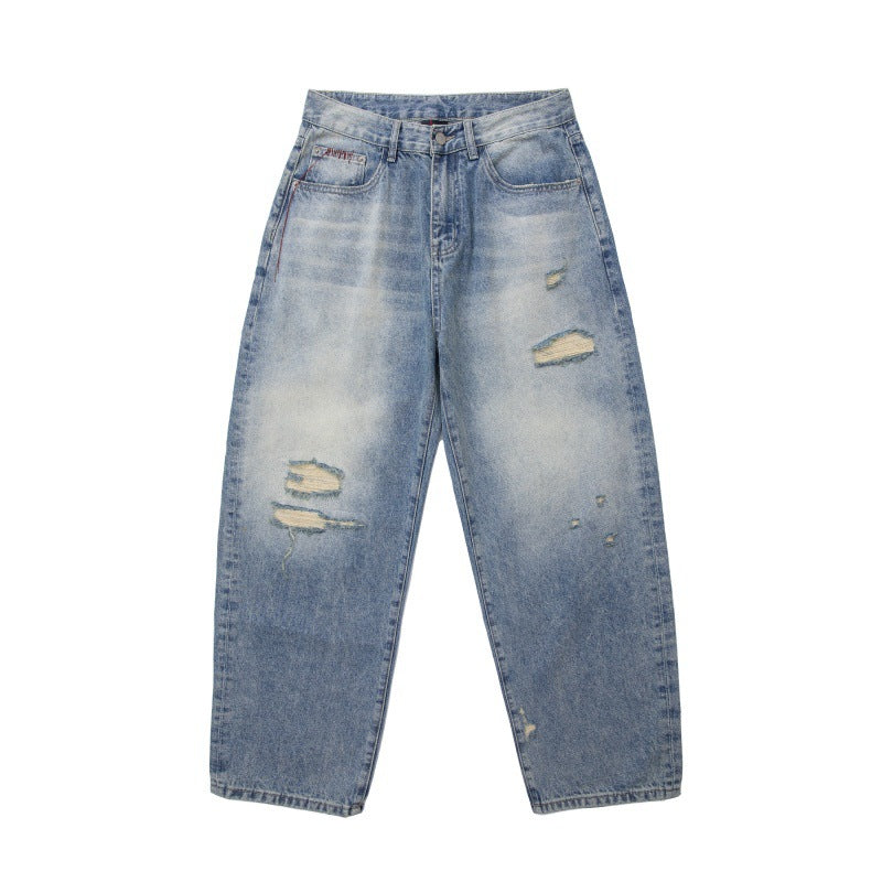 Heavy Washed Fleece Distressed Loose Casual Jeans Men