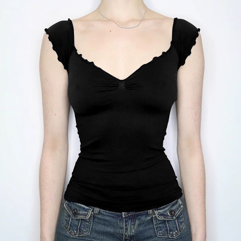 V-neck short sleeved T-shirt women's slim fit and versatile top