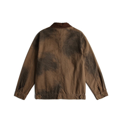 Heavy-Duty Spray-Dyed Color-Block Turn-Down Collar Loose Detroit Work Jacket