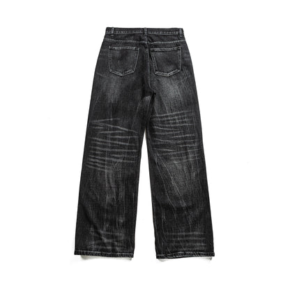 Lightning Crack Pattern Distressed Washed Denim High Waist Zipper Jeans