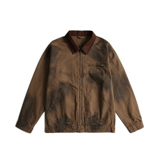 Heavy-Duty Spray-Dyed Color-Block Turn-Down Collar Loose Detroit Work Jacket
