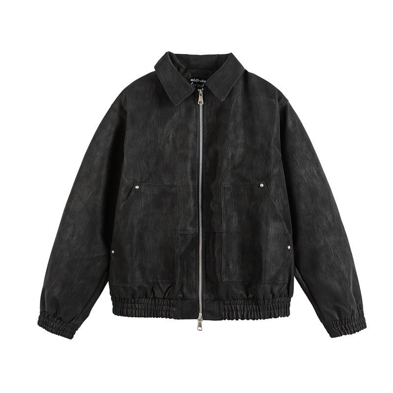 Solid Color Simple Large Pocket Couple Loose Versatile PU Leather Jacket