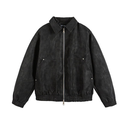 Solid Color Simple Large Pocket Couple Loose Versatile PU Leather Jacket