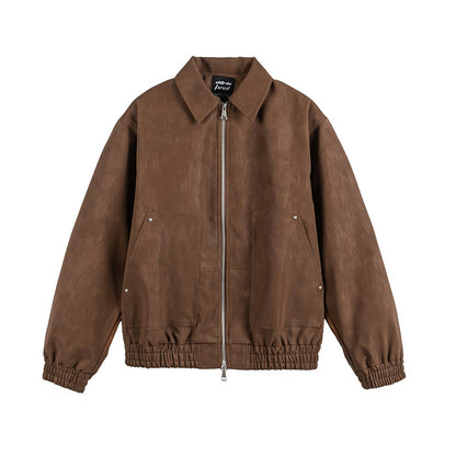 Solid Color Simple Large Pocket Couple Loose Versatile PU Leather Jacket